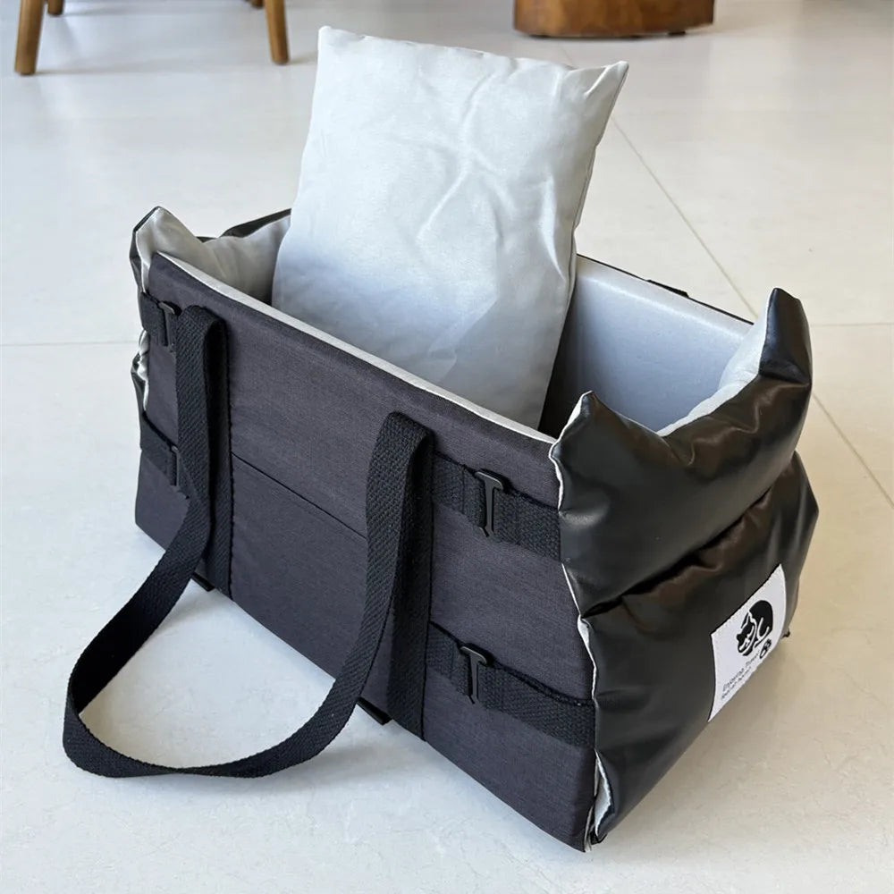 Showlu Fashion leather pet car seat with portable design, small dog travel bed, comfortable and secure for travel comfort.