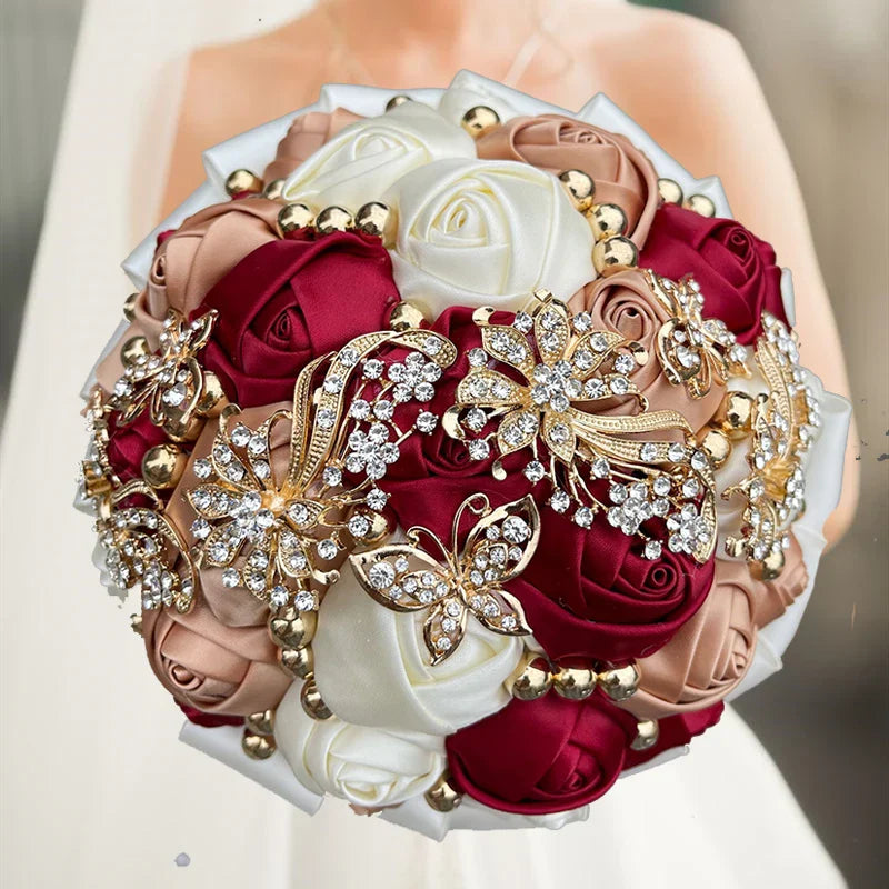 Navy silk rose wedding bouquet with artificial bridal flowers, 20cm size, held by a bride in a wedding dress.