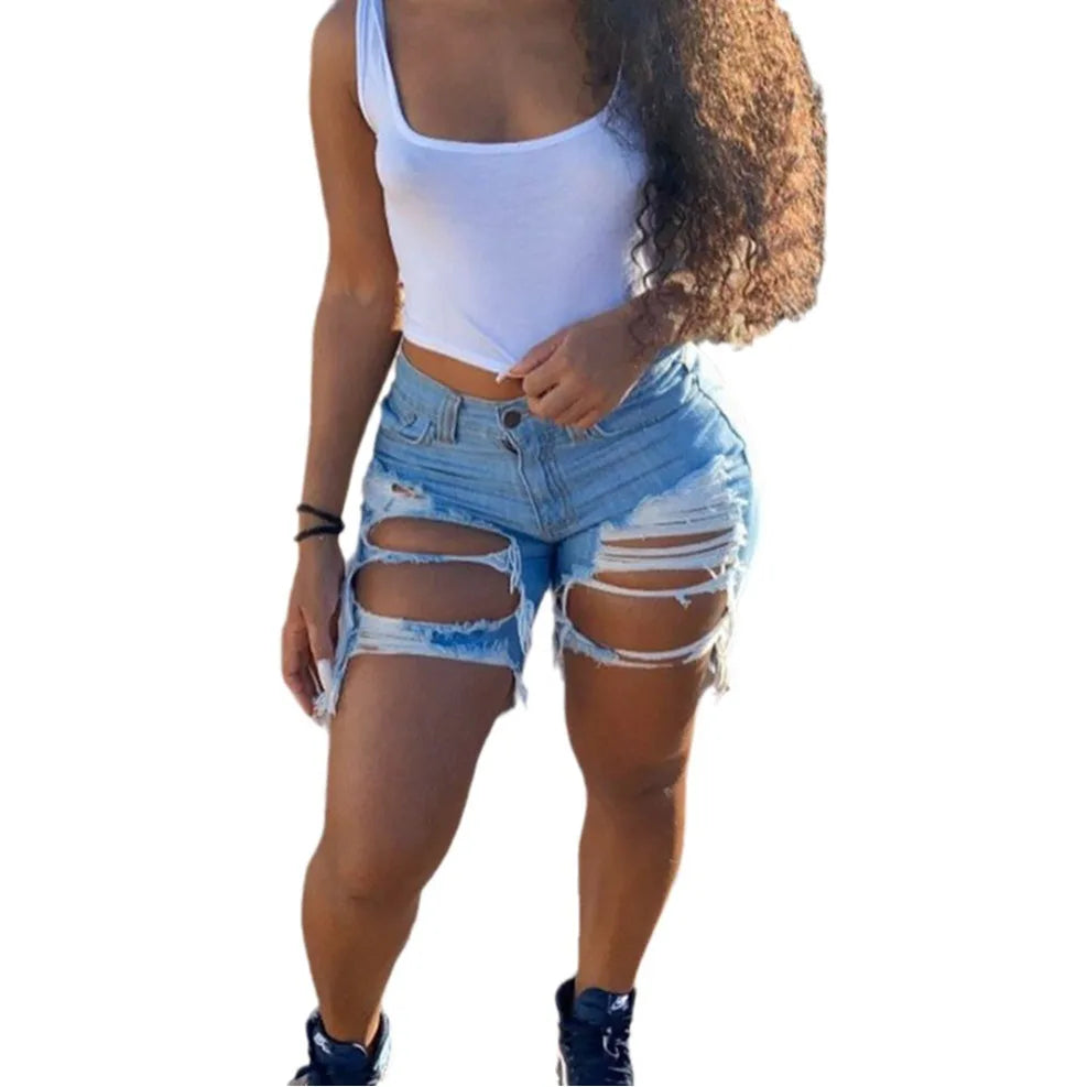 SHOWLU Women's ripped denim shorts featuring high street style, cotton fabric, and a sexy, casual fit.
