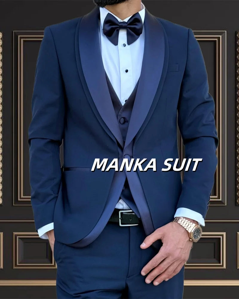 Elegant black tuxedo suit for men with shawl lapel, includes blazer, vest, and pants, from Showlu Fashion Store.