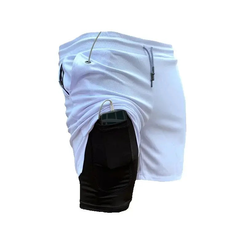 Men's camo running shorts by Showlu Fashion Store, 2-in-1 quick-dry gym shorts for workout and jogging in summer.