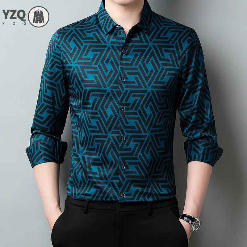 Men's casual printed long-sleeve lapel shirt from Showlu Fashion, featuring a wrinkle-free, comfortable design for spring and autumn.