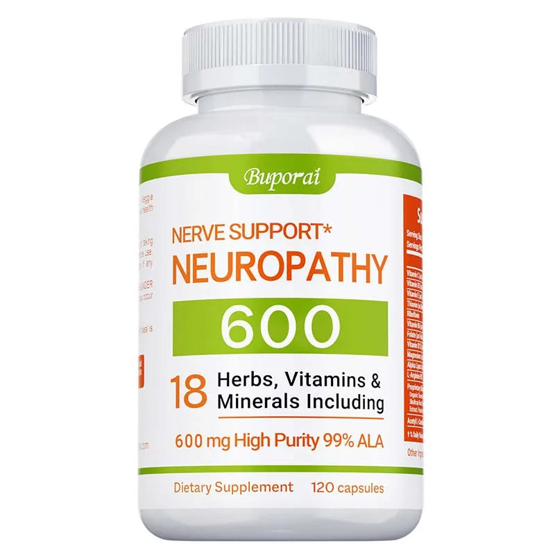 Showlu Fashion Store neuropathy support supplement bottle with 600mg antioxidant formula for nerve health and cellular energy.