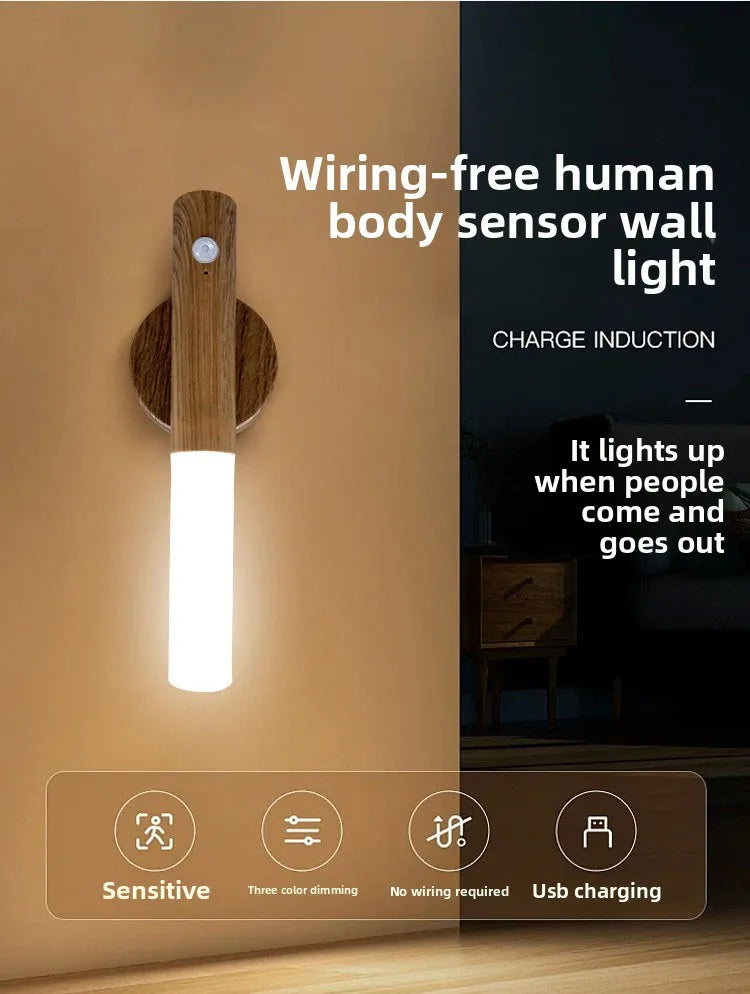 Showlu Smart General magnetic motion sensor LED night light with USB rechargeable design, mounted on a wall with soft illumination.