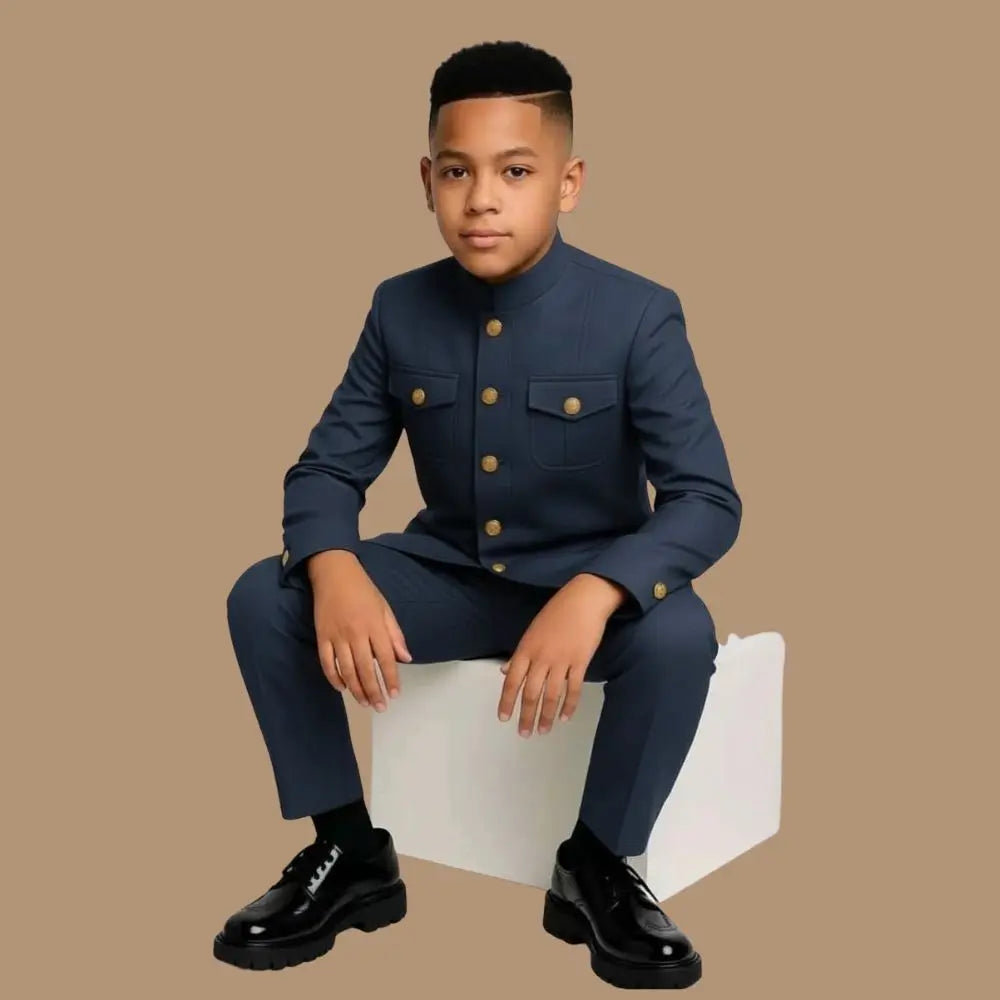 Safari Kids formal tuxedo 2-piece jacket and pants set, featuring classic black fabric, tailored fit, and elegant style.