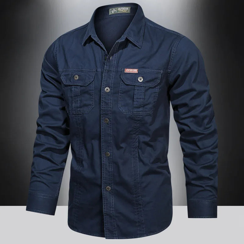 Men's SHOWLU cotton cargo shirt with long sleeves and multiple pockets, military-style overshirt in a durable fabric.