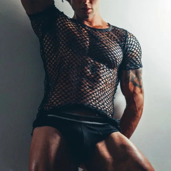 Sexy Fishnet Transparent Men's T-shirt Muscular Men Tight See-through T-shirt Top Summer Beach Men's Wear Crew Neck Pullover Top SHOWLU FASHION STORE
