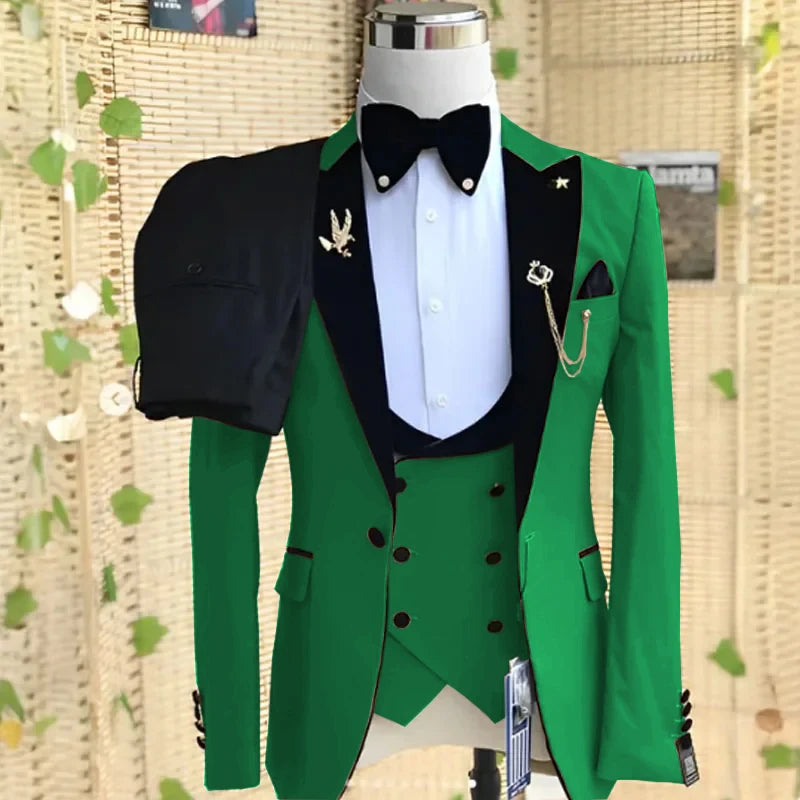 Beige formal men's suit set with peaked lapel tuxedo, blazer, pants, and vest for wedding or business occasions.