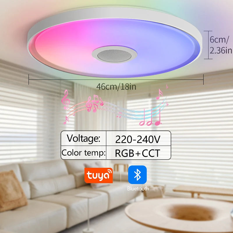 Showlu Smart RGB LED ceiling light with Bluetooth speaker and remote control, featuring customizable colors and modern design.