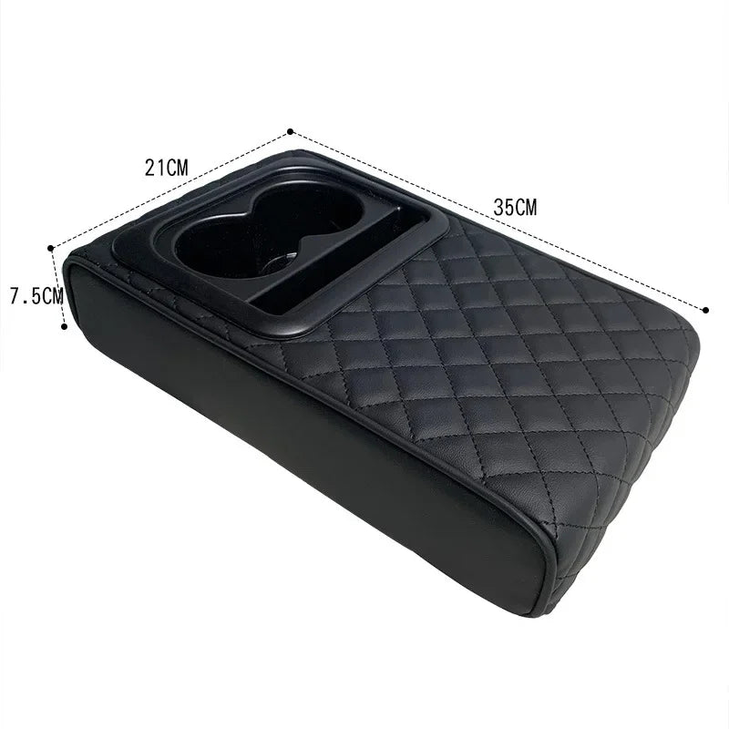 Showlu PU leather car center console armrest cushion with built-in cup holders, designed for comfortable driving and easy access.