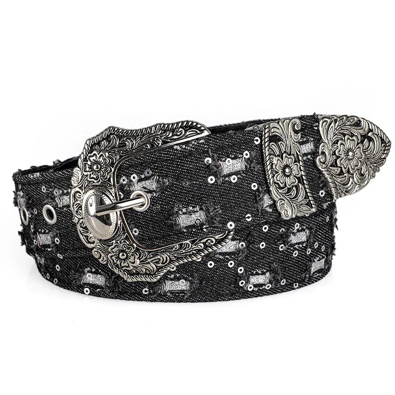 Women's retro casual rhinestone buckle belt with ripped denim style, punk rock street fashion accessory by Showlu Fashion Store.