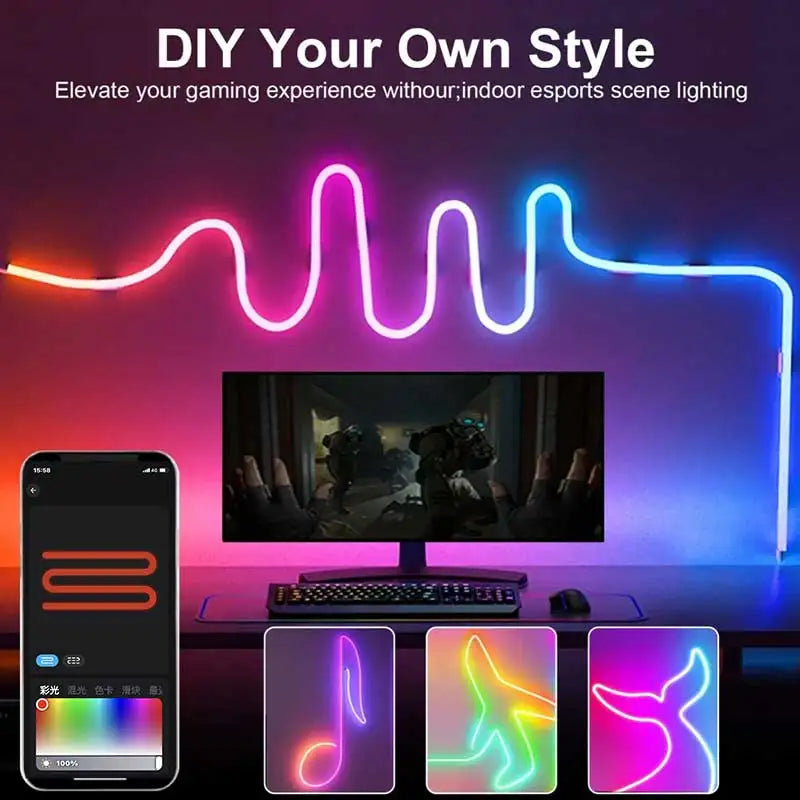 RGBIC Neon LED strip light by Showlu Smart General with Bluetooth app control, showcasing colorful illuminated flexible lighting strip.