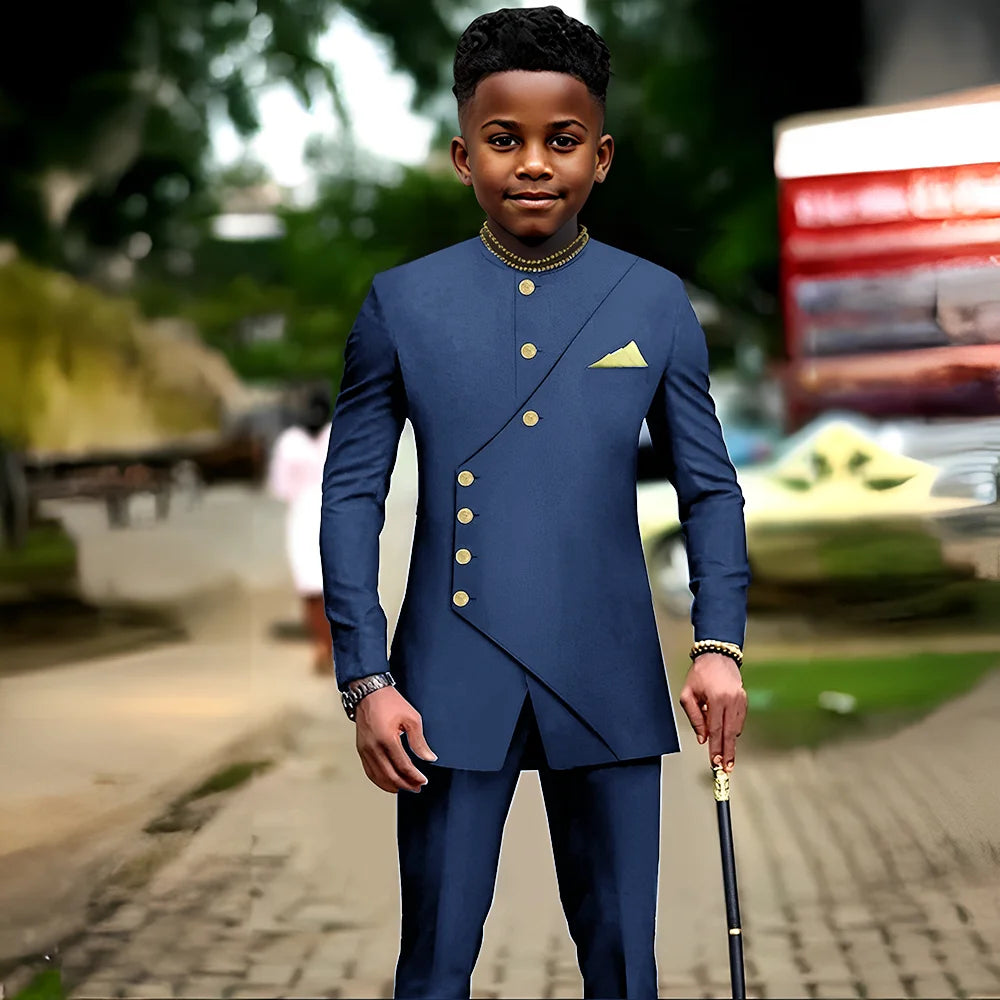 African boys' 2-piece suit jacket and pants set, perfect for parties and weddings, for kids aged 2 to 16 years, by Showlu Fashion.