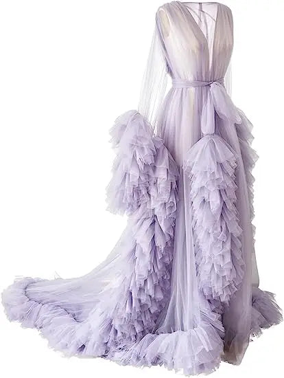 Sexy deep V-neck tulle maternity dress with lace hollow details, long sleeves, feather accents, designed for photo shoots and special occasions.