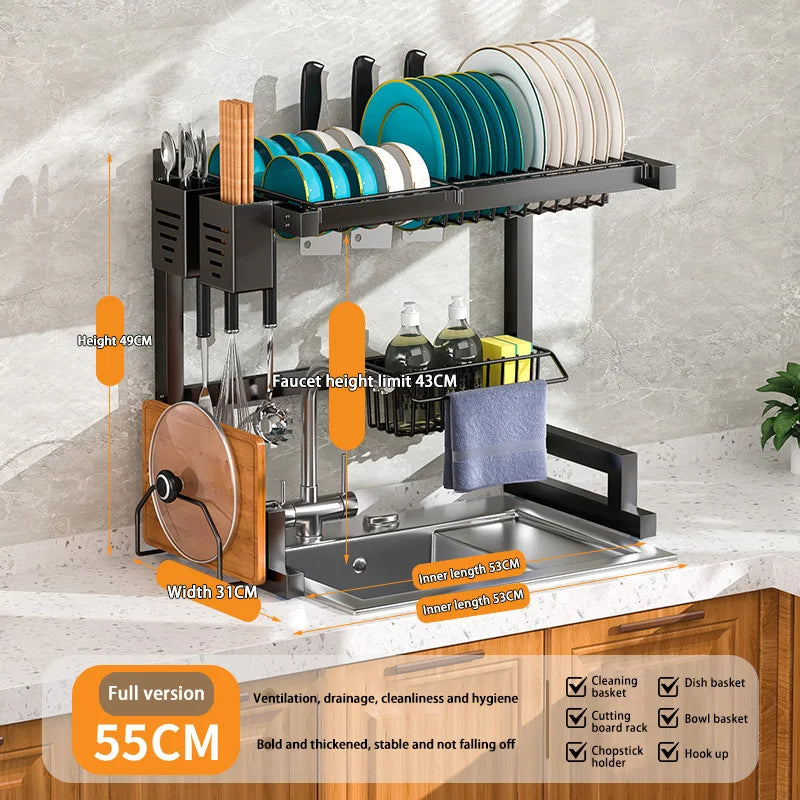 Stainless steel kitchen sink dish drain rack with utensil holder, showing organized kitchen accessories and drainage area.