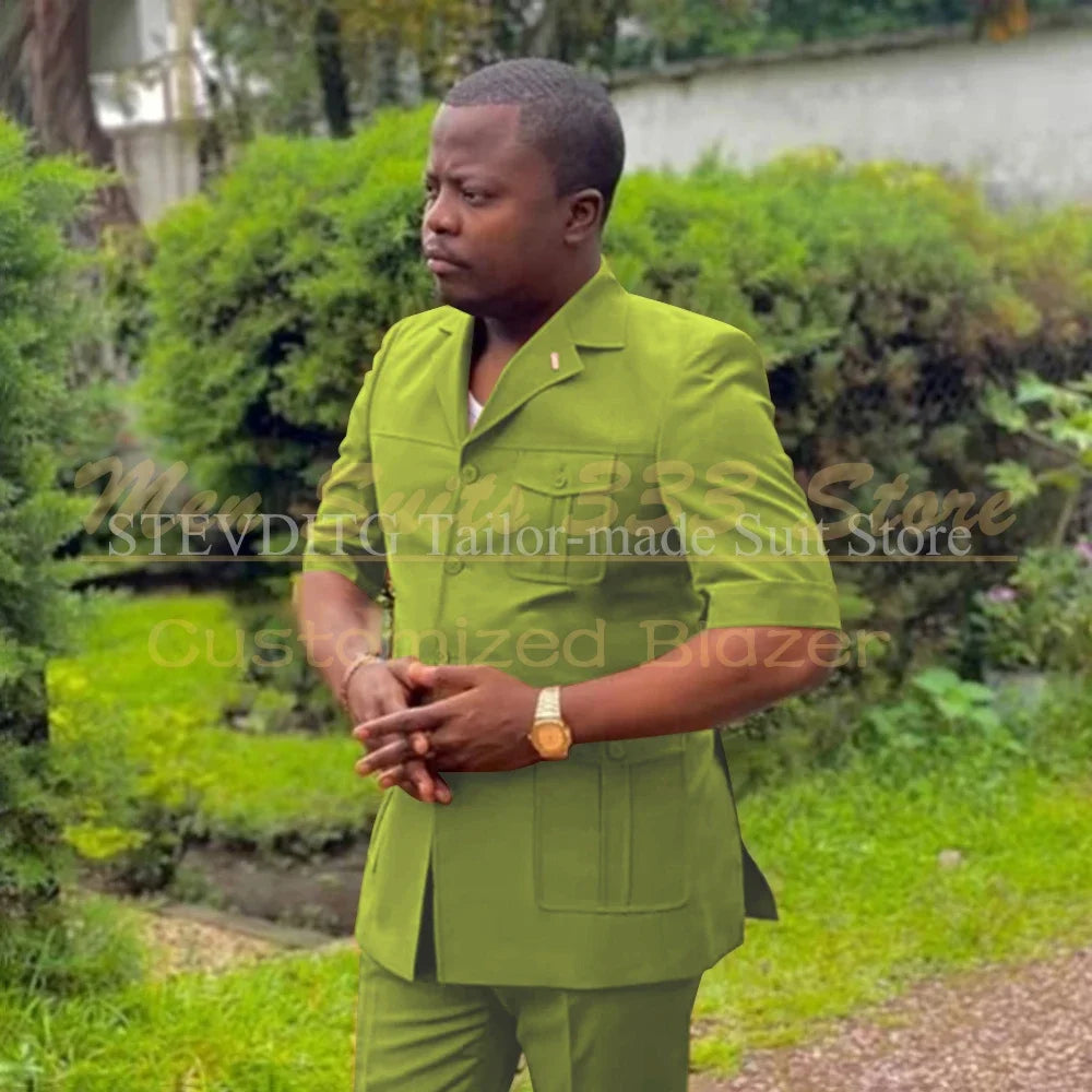Safari men’s short sleeve suit set with jacket and pants, African fashion style, single-breasted, notch lapel, Showlu Fashion
