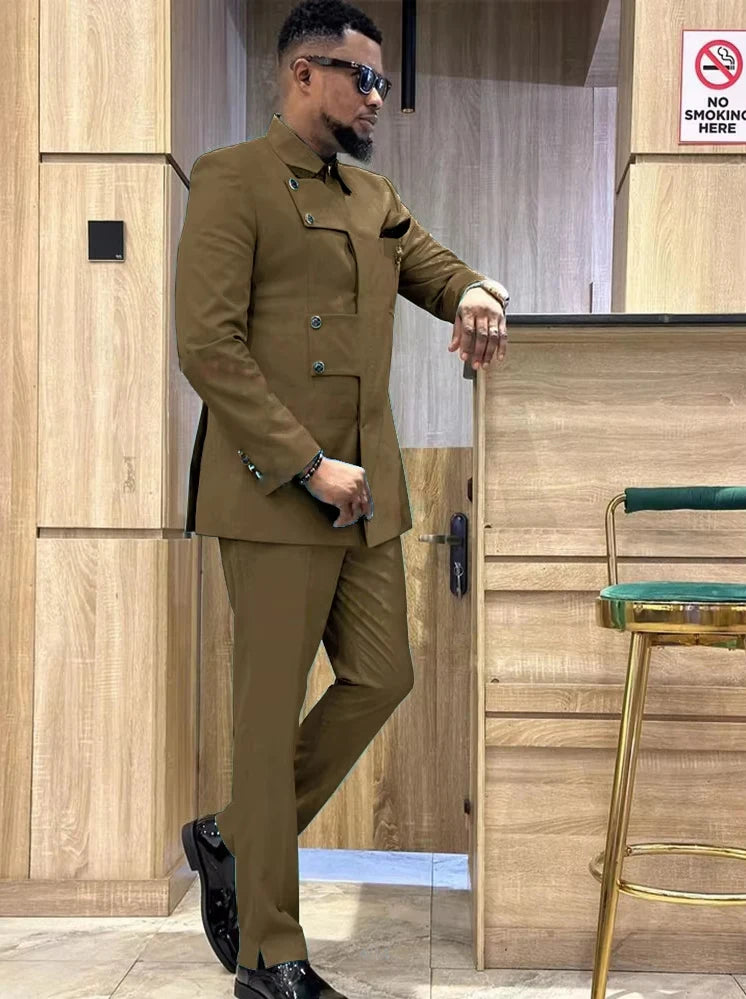 Showlu Men's slim fit Italian style 2-piece suit with single-breasted Serge fabric, tailored for a sharp, modern look.