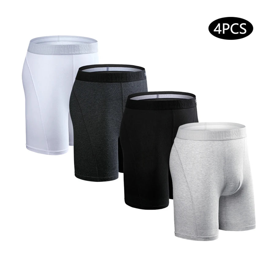 Men's long leg boxer shorts by SRBONITOS, 4-pack cotton trunks in plus size, shown in navy and gray colors.
