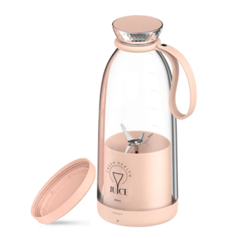 Portable Donirt 500ml wireless juicer with 6-blade blender and ice crusher, shown with glass and fresh fruit.