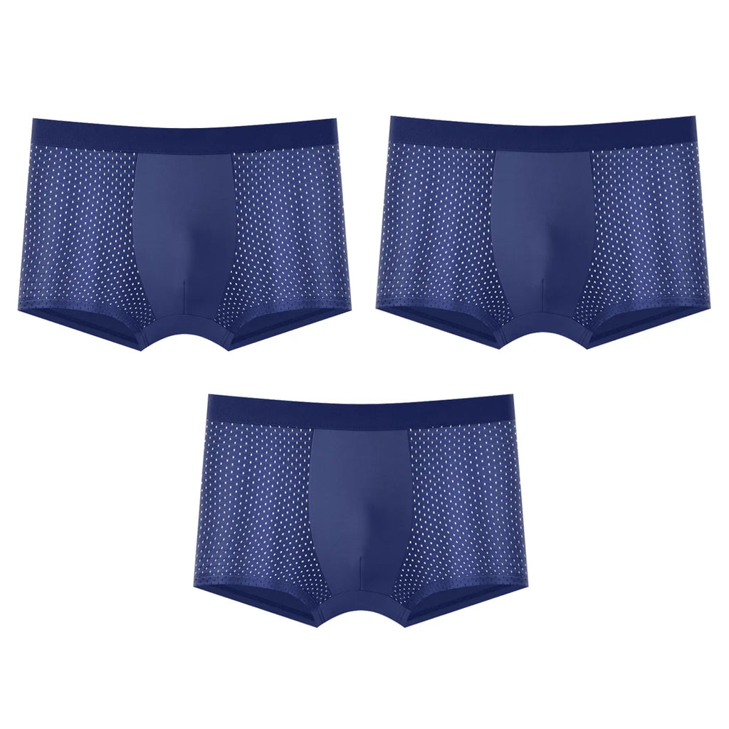 Showlu Men's Ice Silk Mesh Boxer Shorts in a breathable 3-pack, featuring lightweight, comfortable men's underwear with mesh fabric.