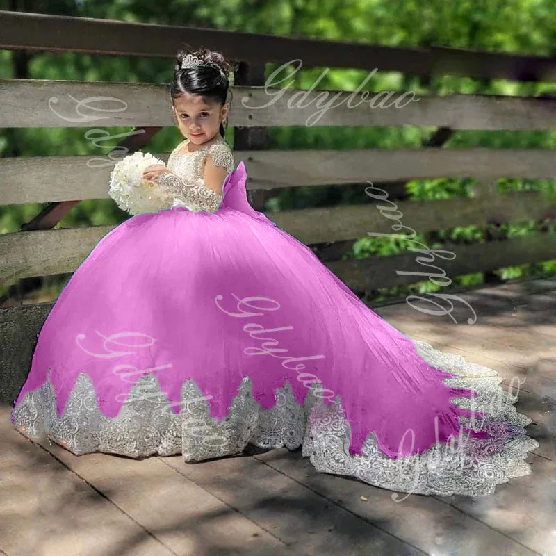 Customized ivory flower girl dress by Showlu Fashion with appliques, floor-length gown for weddings, birthdays, and communions.