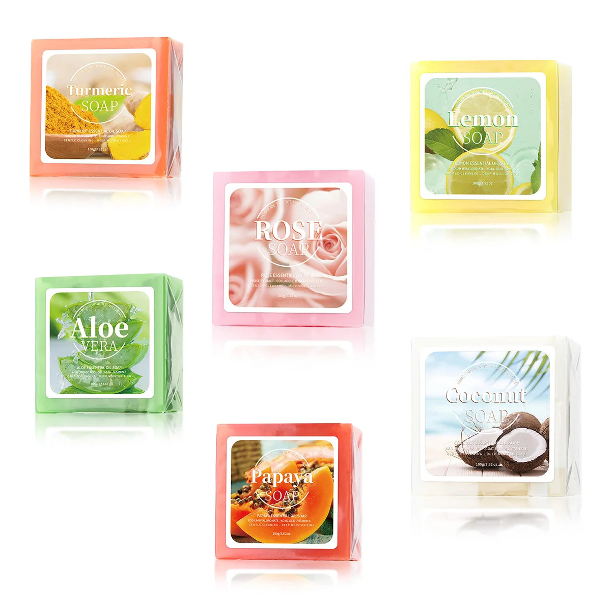 Handmade soap bar with papaya extract, coconut, and goat milk for deep cleansing and whitening, shown in the image.