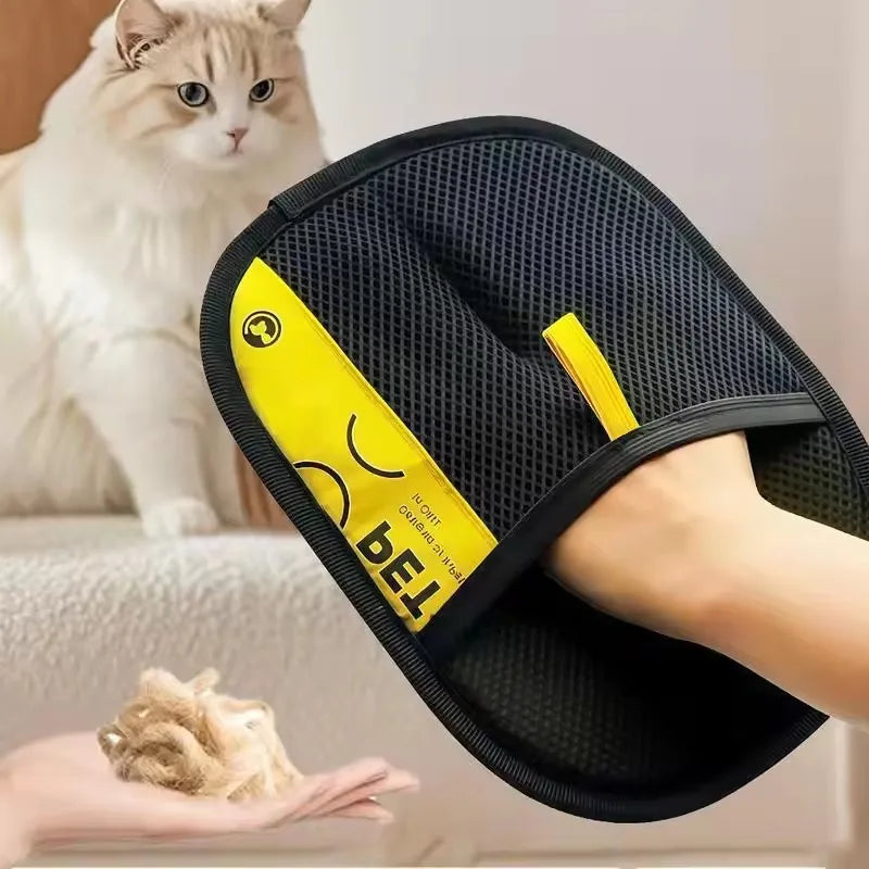 Showlu Pet Hair Remover Gloves and lint roller used on a pet's fur, showcasing reusable grooming gloves for hair removal.