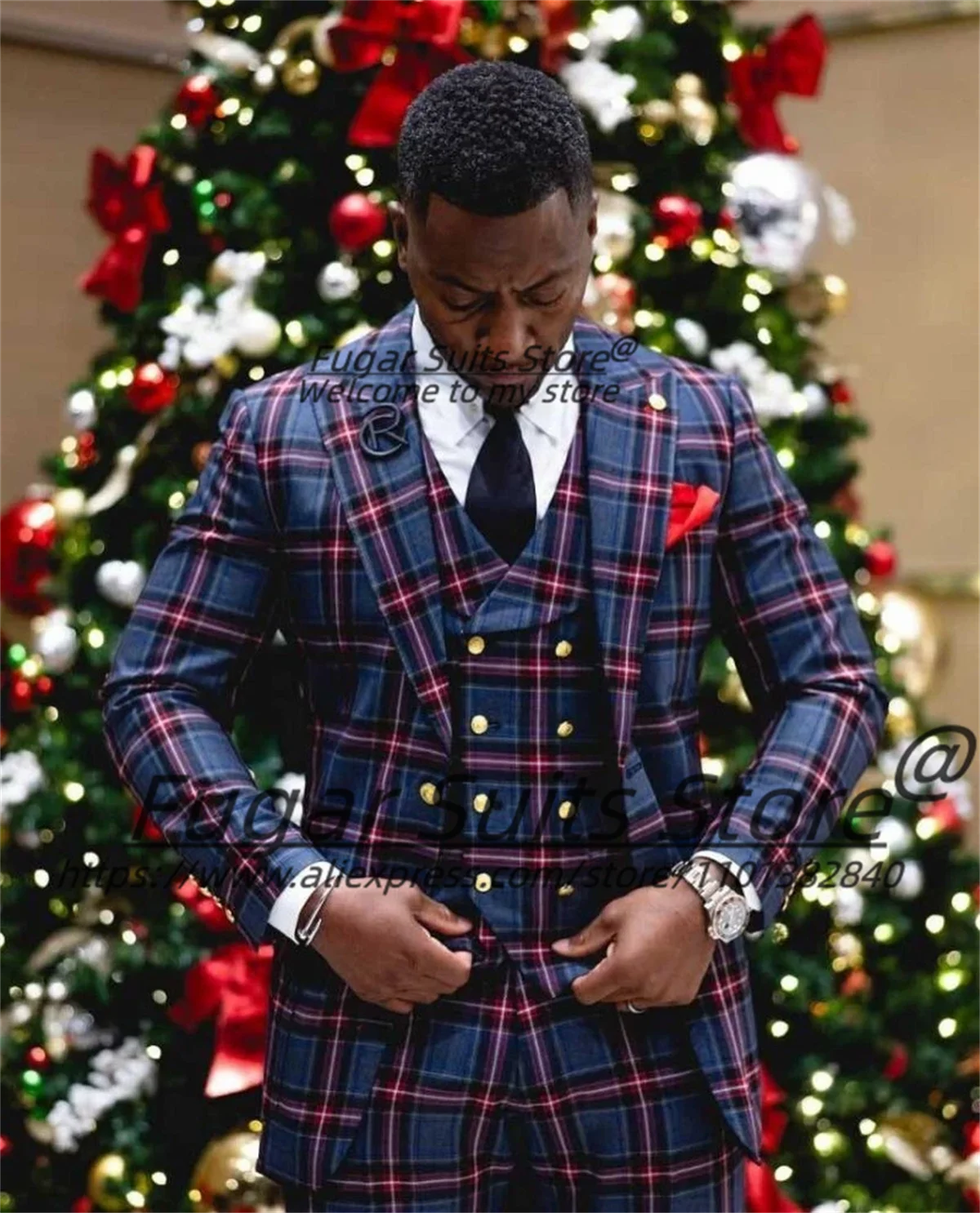 Customized French style plaid men's slim fit tuxedo blazer with peak lapel, ideal for business or formal occasions.