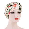 European and American print leopard hair silk scarf hat with flower accents and short braid, ideal as Muslim hijab or stylish accessory