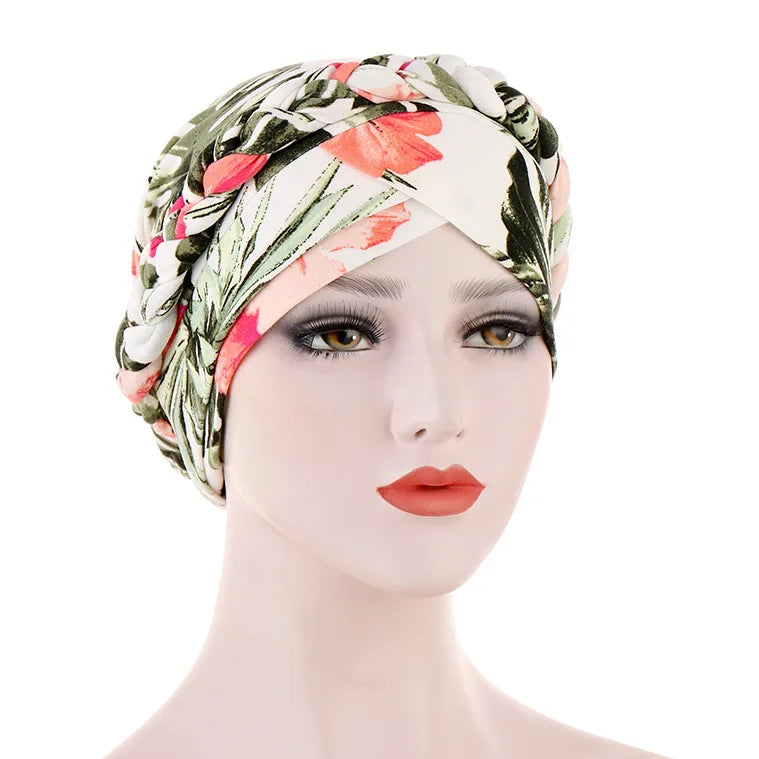 European and American print leopard hair silk scarf hat with flower accents and short braid, ideal as Muslim hijab or stylish accessory