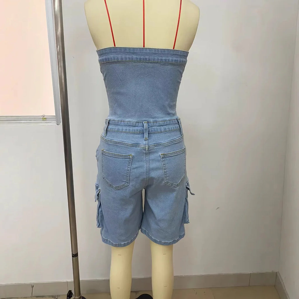 Kalenmos women's strapless denim jumpsuit by SHOWLU FASHION STORE, high waist Y2K style playsuit, shown on a model.