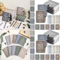 Set of 50 Showlu Christian spiral notebooks and Bible verse pens, featuring colorful covers and inspirational religious quotes.