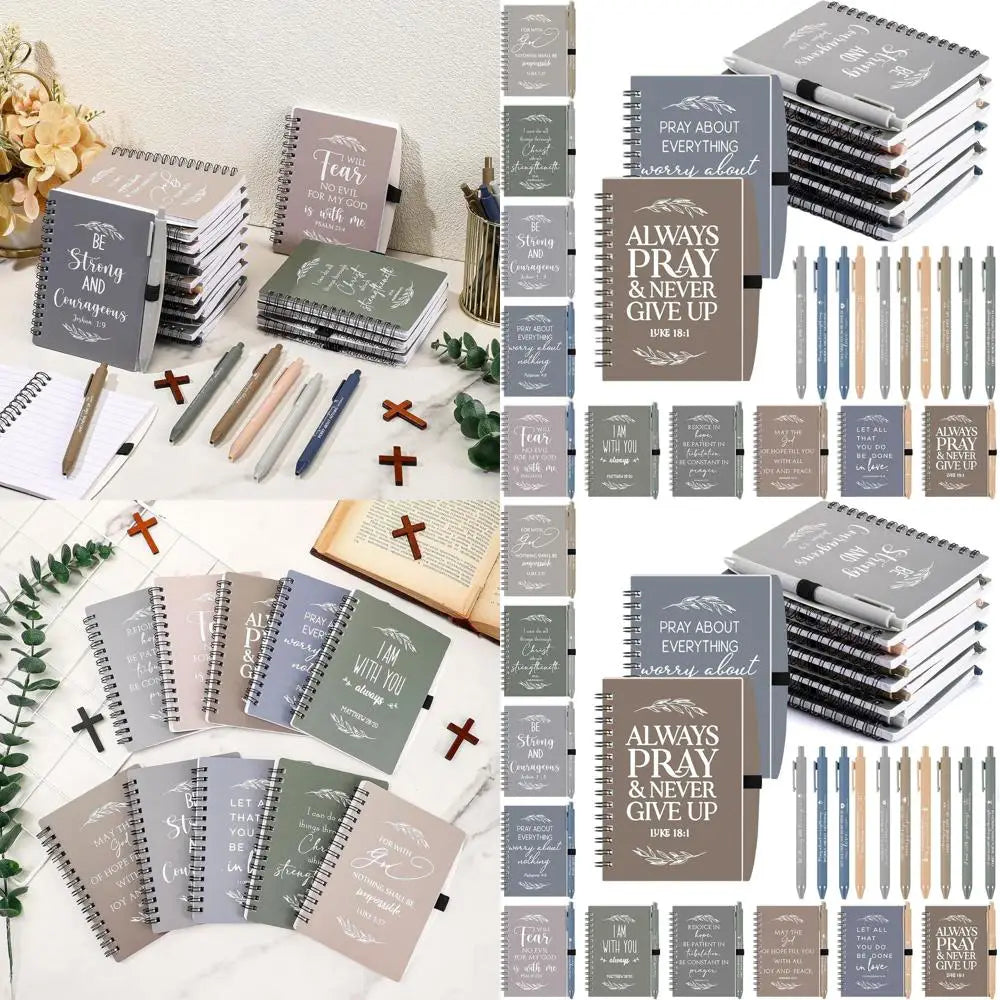 Set of 50 Showlu Christian spiral notebooks and Bible verse pens, featuring colorful covers and inspirational religious quotes.