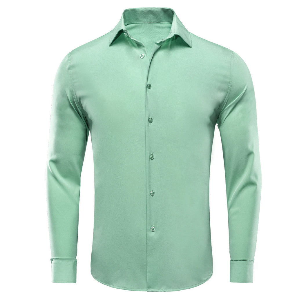Showlu Fashion men's long sleeve silk dress shirt in blue, mint, pink, purple, green, or gray with lapel collar and solid color design.