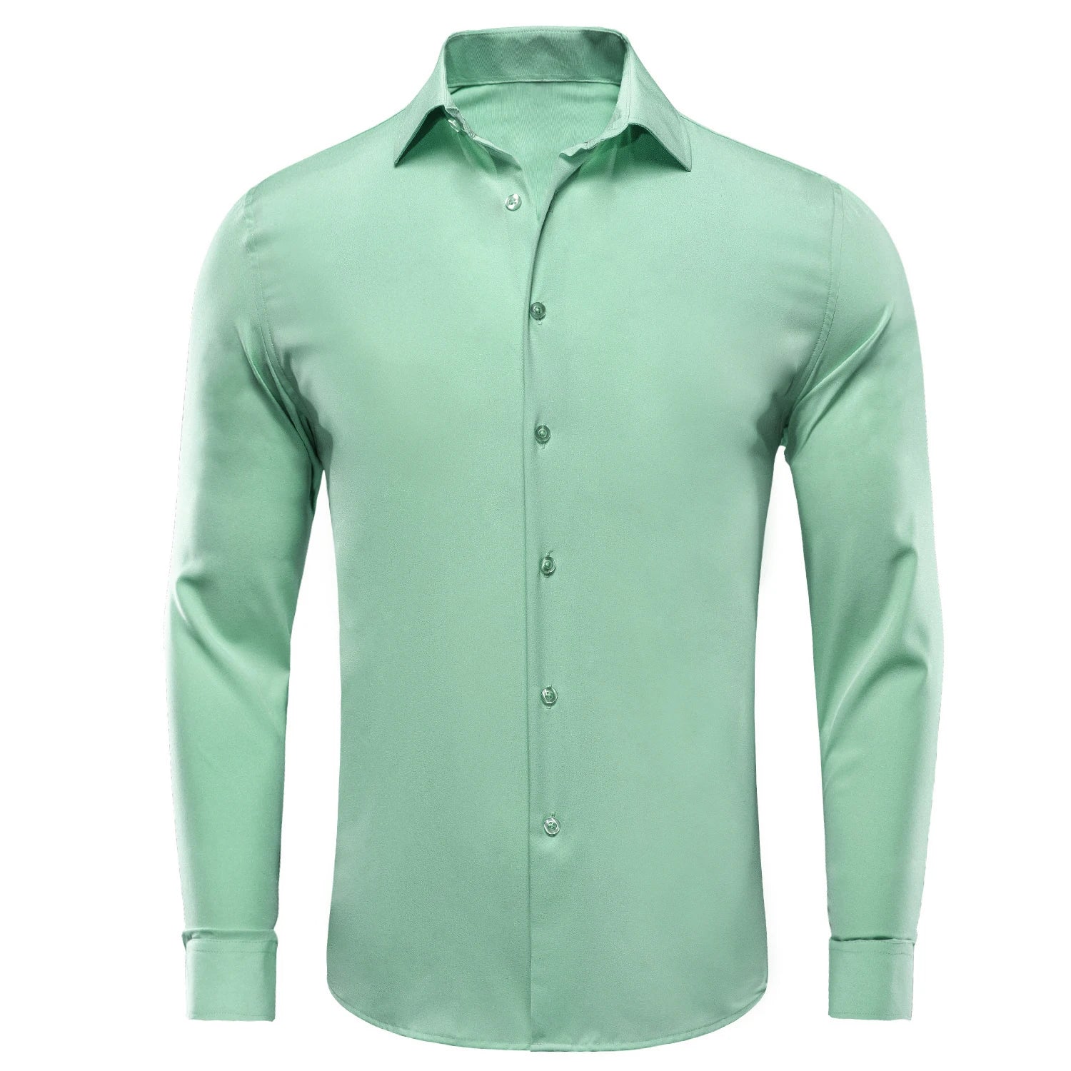 Showlu Fashion men's long sleeve silk dress shirt in blue, mint, pink, purple, green, or gray with lapel collar and solid color design.