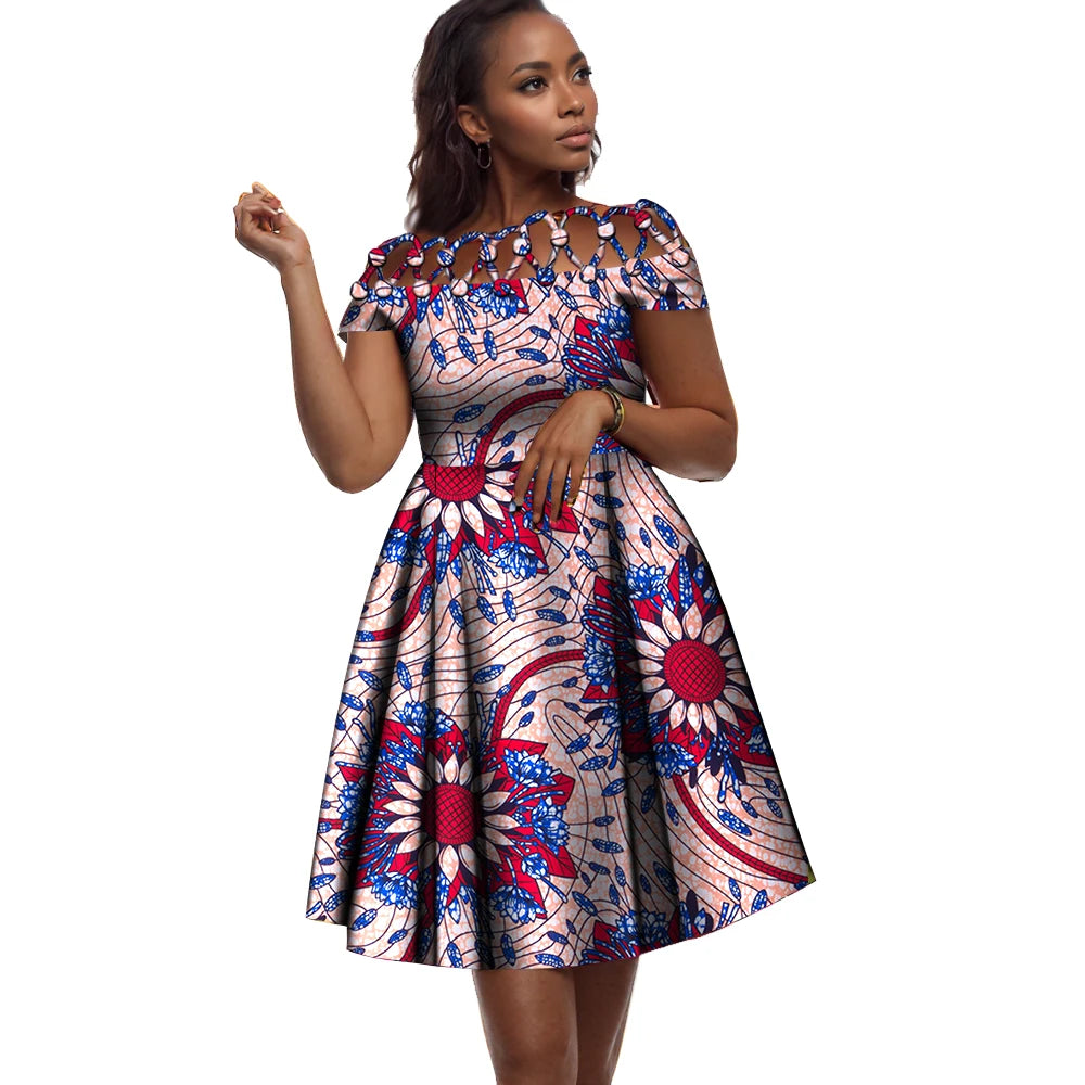 BintaRealWax African Dresses for Women Cotton Rope Weaving Collar African Print Wax Clothing Knee-Length Lady Dress WY335