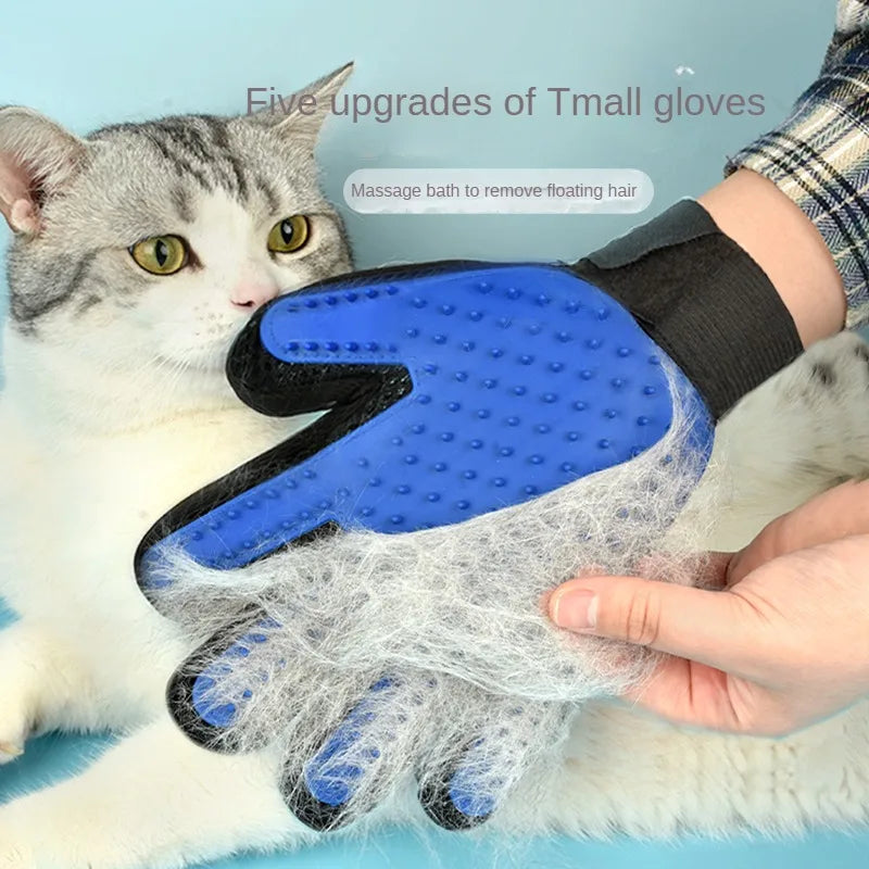 Showlu Fashion MOONBIFFY Pet Silicone Grooming Gloves with hair remover for cats and dogs, shown in use with fur collection.