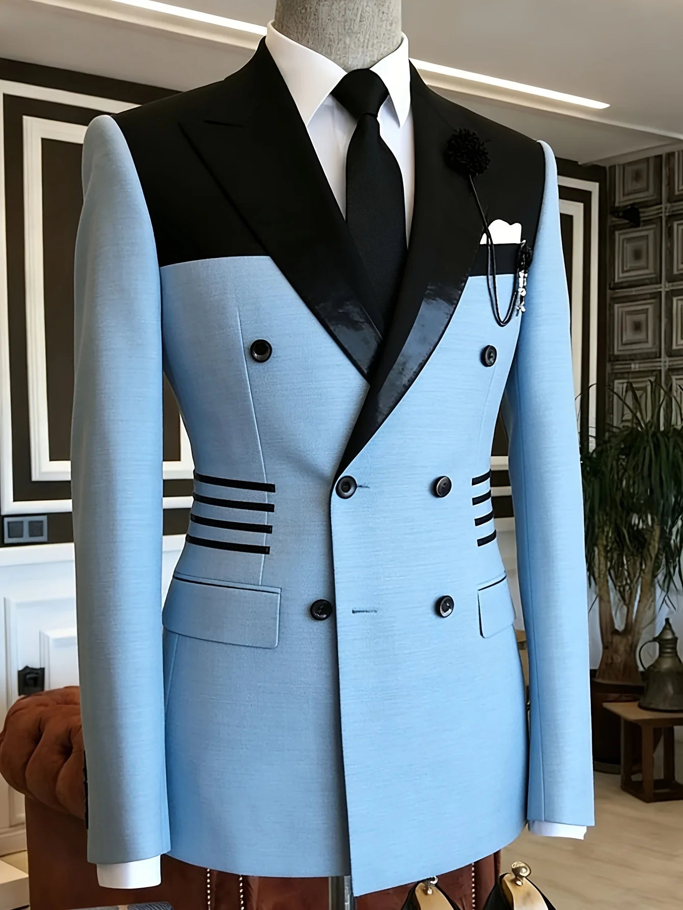 Men Light Blue Double Breasted Blazer Black Satin Lapel Shoulder Splicing Waist Strip Decor Slim Fit Wedding Groom Stage Formal