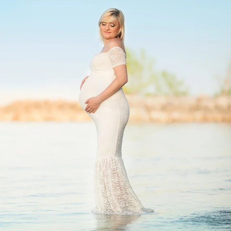 Showlu Mermaid maternity dress with lace V-neck design, maxi gown suitable for photography showcasing elegant maternity style