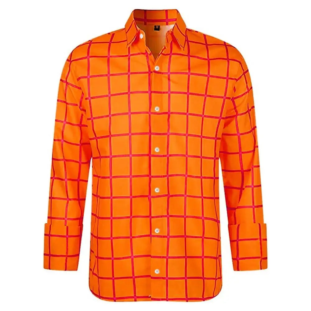Casual men's long sleeve plaid shirt with 3D print, summer unisex fashion top featuring lapel collar in vibrant colors.