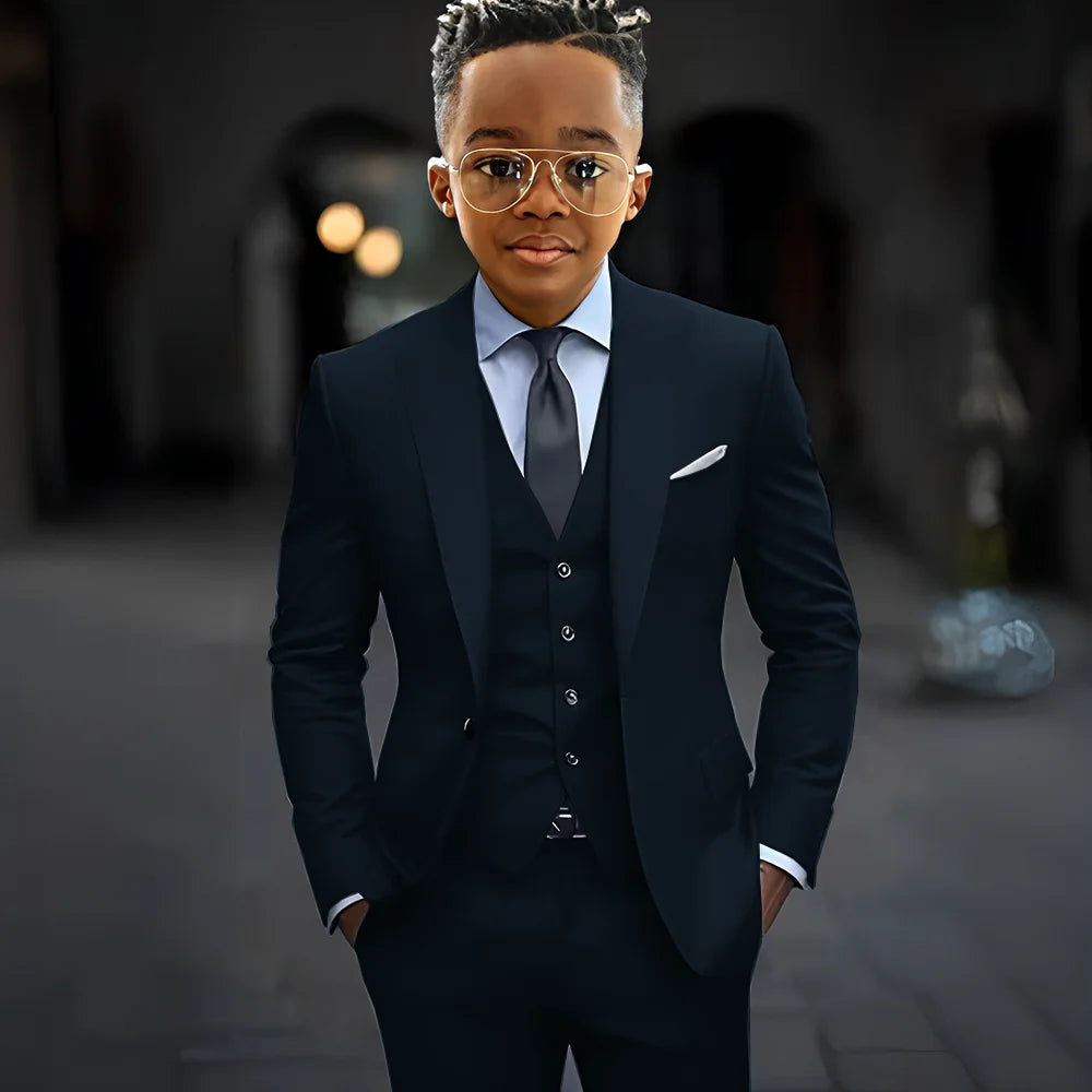 Dark grey boys' 3-piece suit by Showlu Fashion with slim fit, single-breasted jacket, peak lapel, pants, and vest for formal occasions.