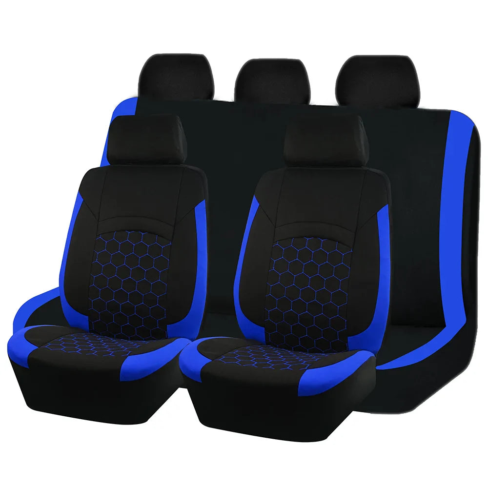 Universal football pattern car seat covers in polyester, four-pack from AUTO PLUS, featuring sporty design for vehicle interior protection.