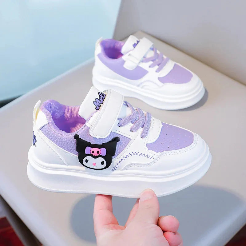Sanrio Kuromi Melody kids casual sneakers with anti-slip soft soles and colorful cartoon design for children.