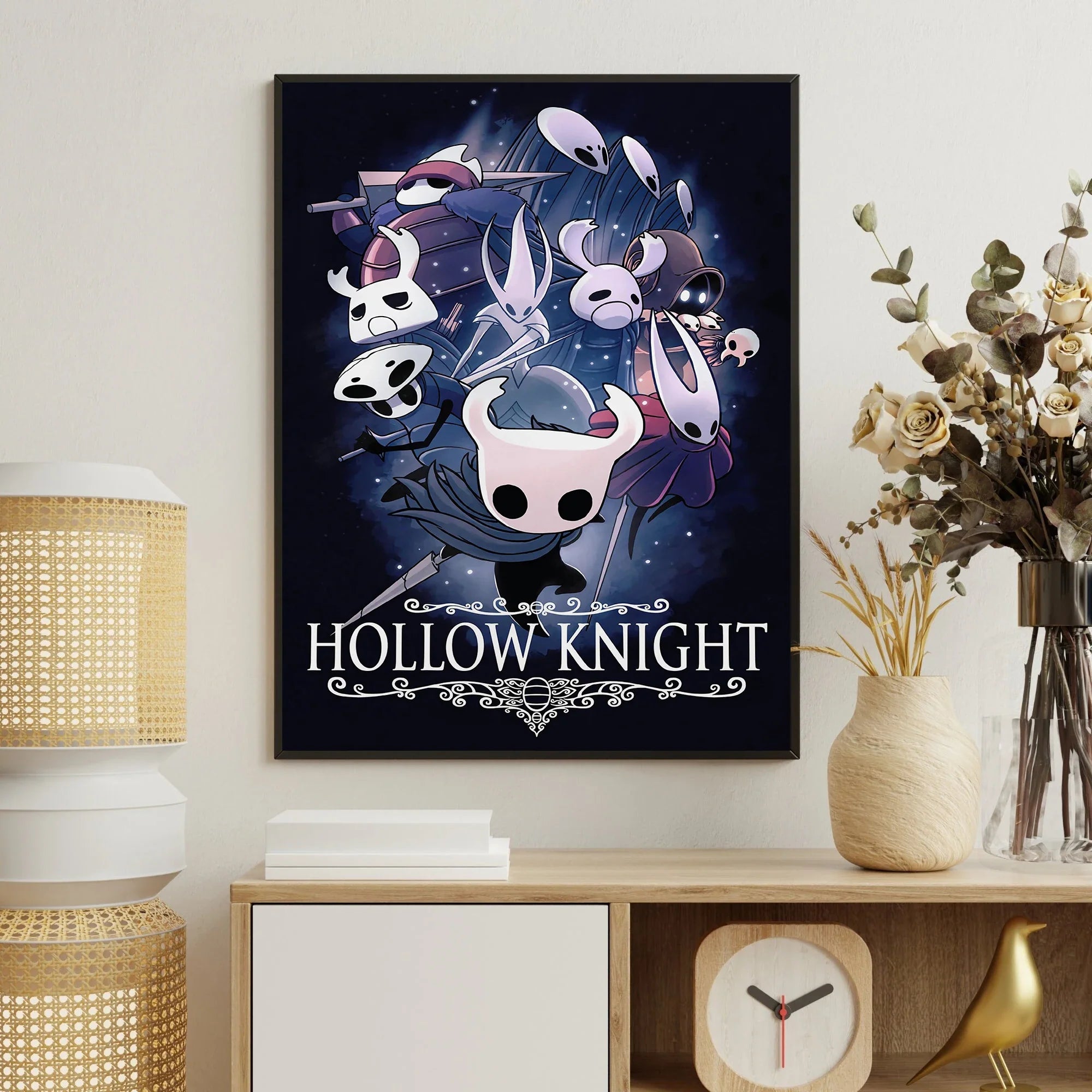 Hollow Knight canvas wall art featuring a modern video game poster with character artwork for home decor.