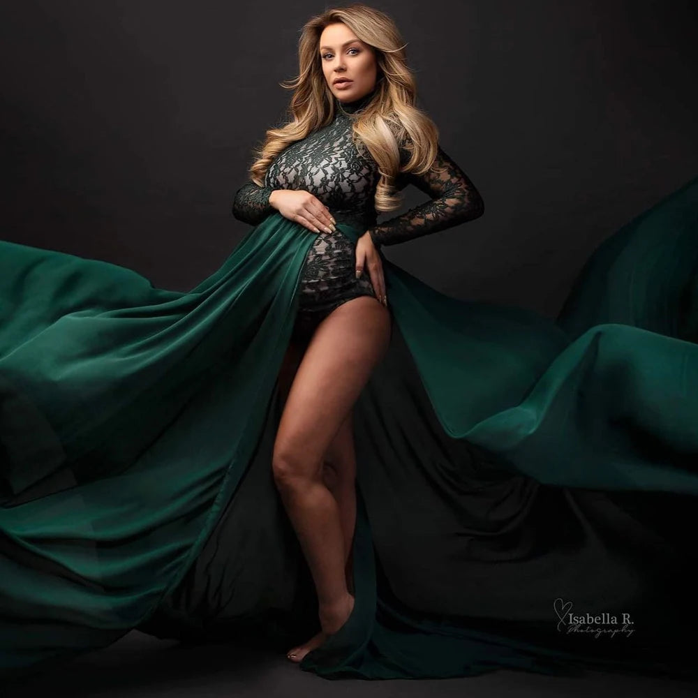 Stretchy lace maternity bodysuit with chiffon sides and slit skirt, perfect for pregnancy photoshoots and maternity photography.