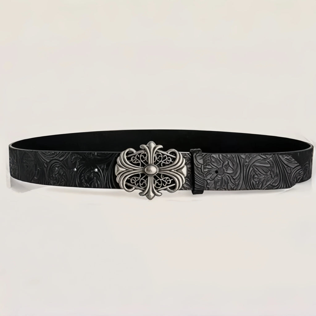 Retro men's bohemian black PU leather belt with hollow buckle, vintage punk rock style for men and women.