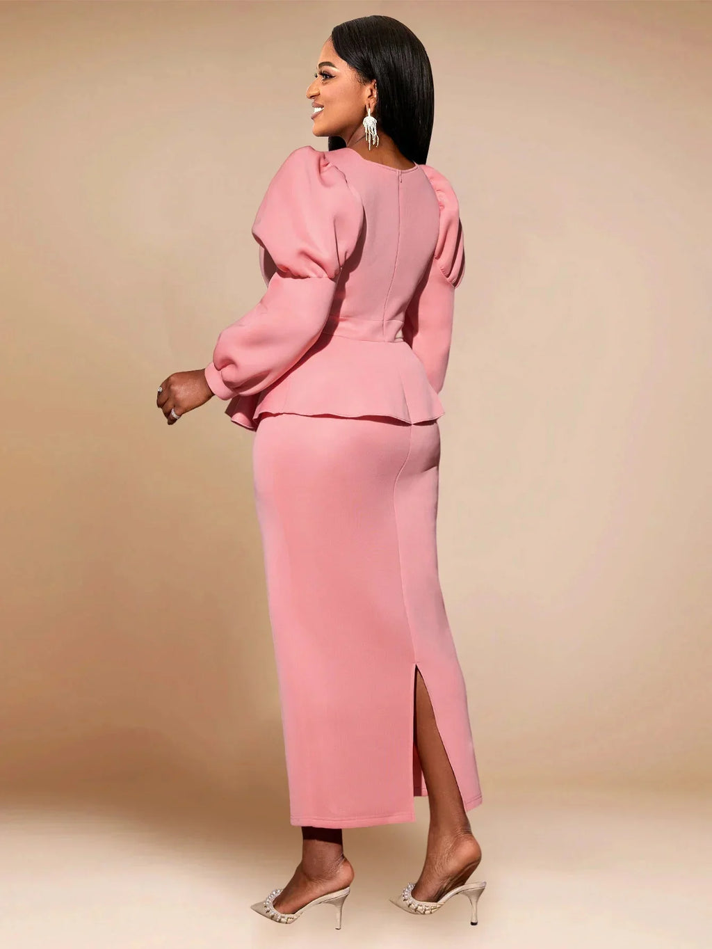 Pink AOMEI peplum long dress with high waist, ruffle V-neck, perfect for parties, by SHOWLU FASHION STORE.