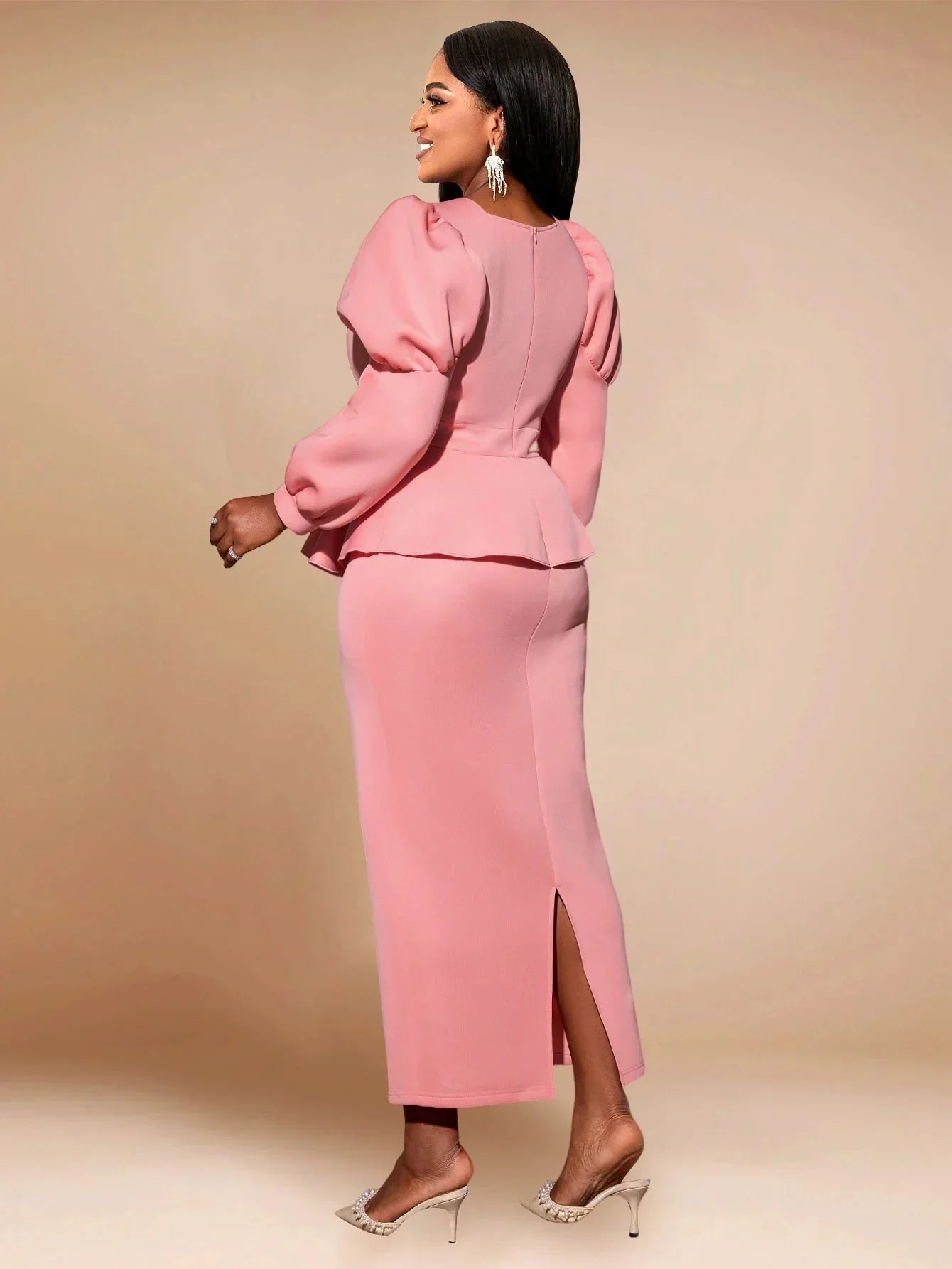 Pink AOMEI peplum long dress with high waist, ruffle V-neck, perfect for parties, by SHOWLU FASHION STORE.