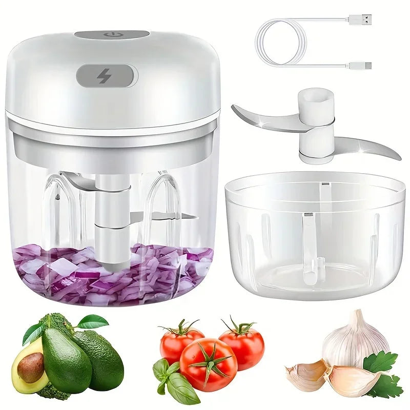 Mini electric garlic grinder by Showlu Smart General showing the compact device with garlic inside and a sleek design.
