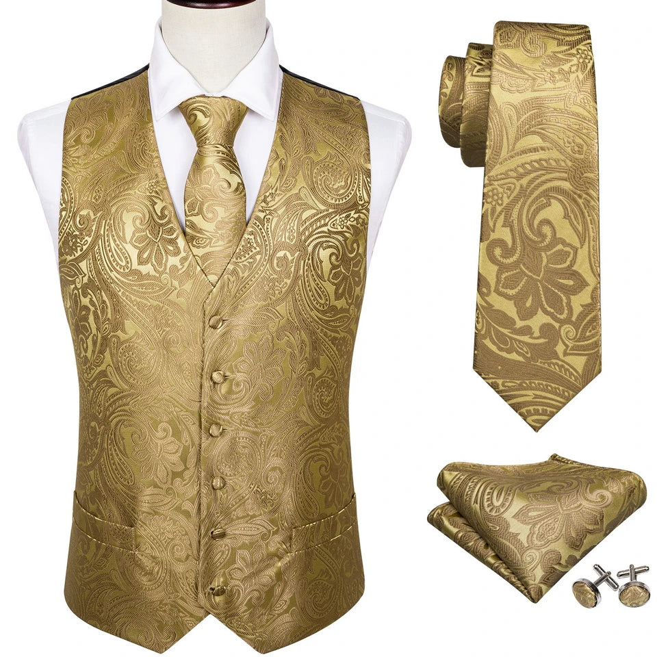 Men's luxury golden floral paisley V-collar vest with cufflinks and hankerchief, stylish waistcoat for wedding or formal wear.
